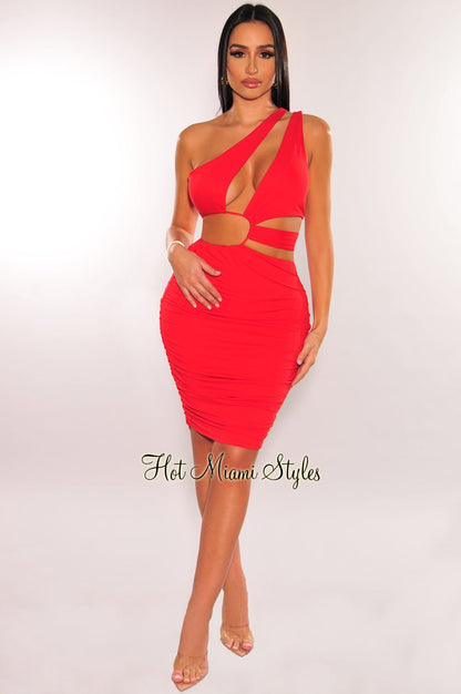 Red One Shoulder Cut Out Strap Drawstring Ruched Mini Dress