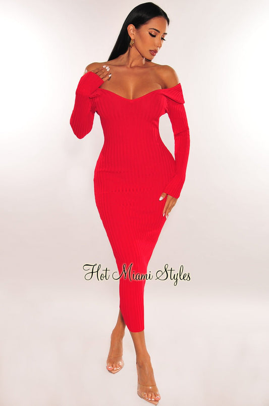 Red Ribbed Knit Long Sleeves Dress