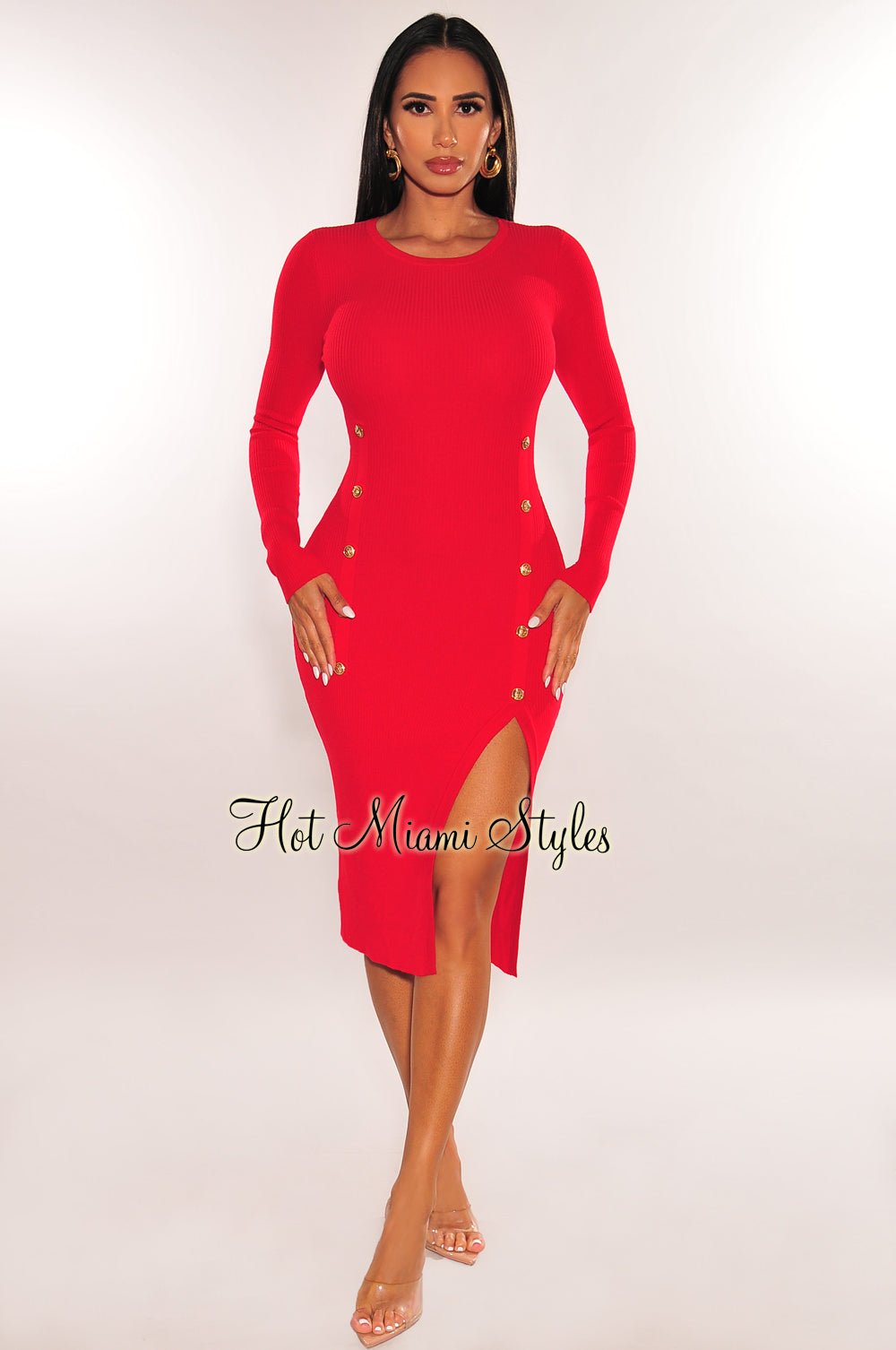 Red Ribbed Long Sleeve Gold Button Slit Dress