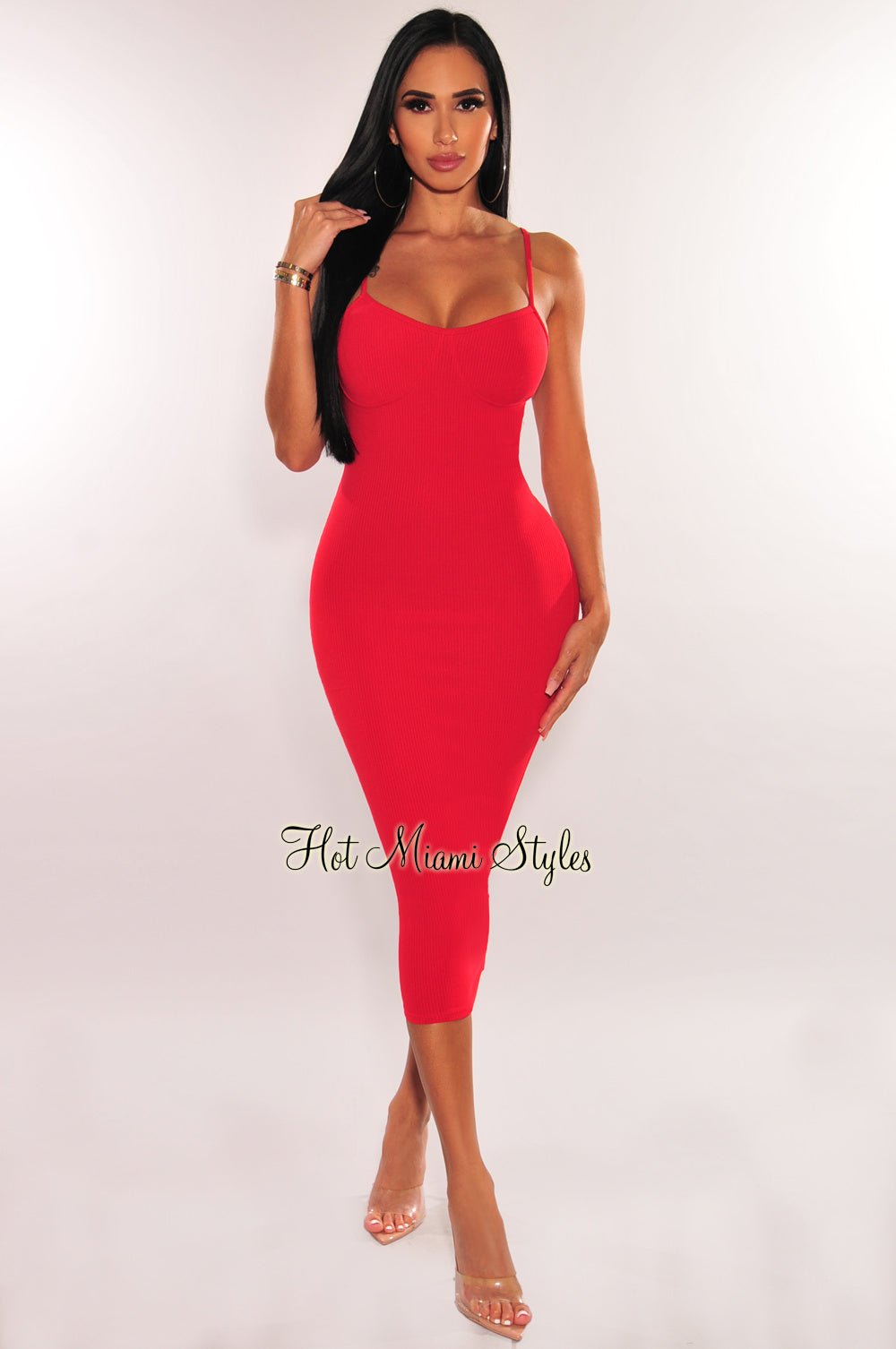 Red Ribbed Spaghetti Strap Bodycon Midi Dress