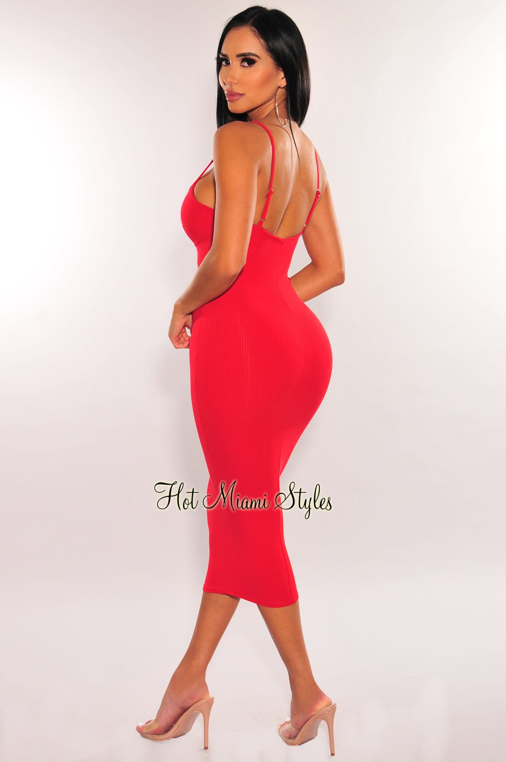 Red Ribbed Spaghetti Strap Bodycon Midi Dress