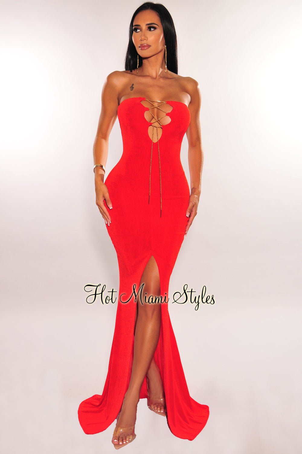 Red Strapless Gold Chain Lace Up Slit Gown