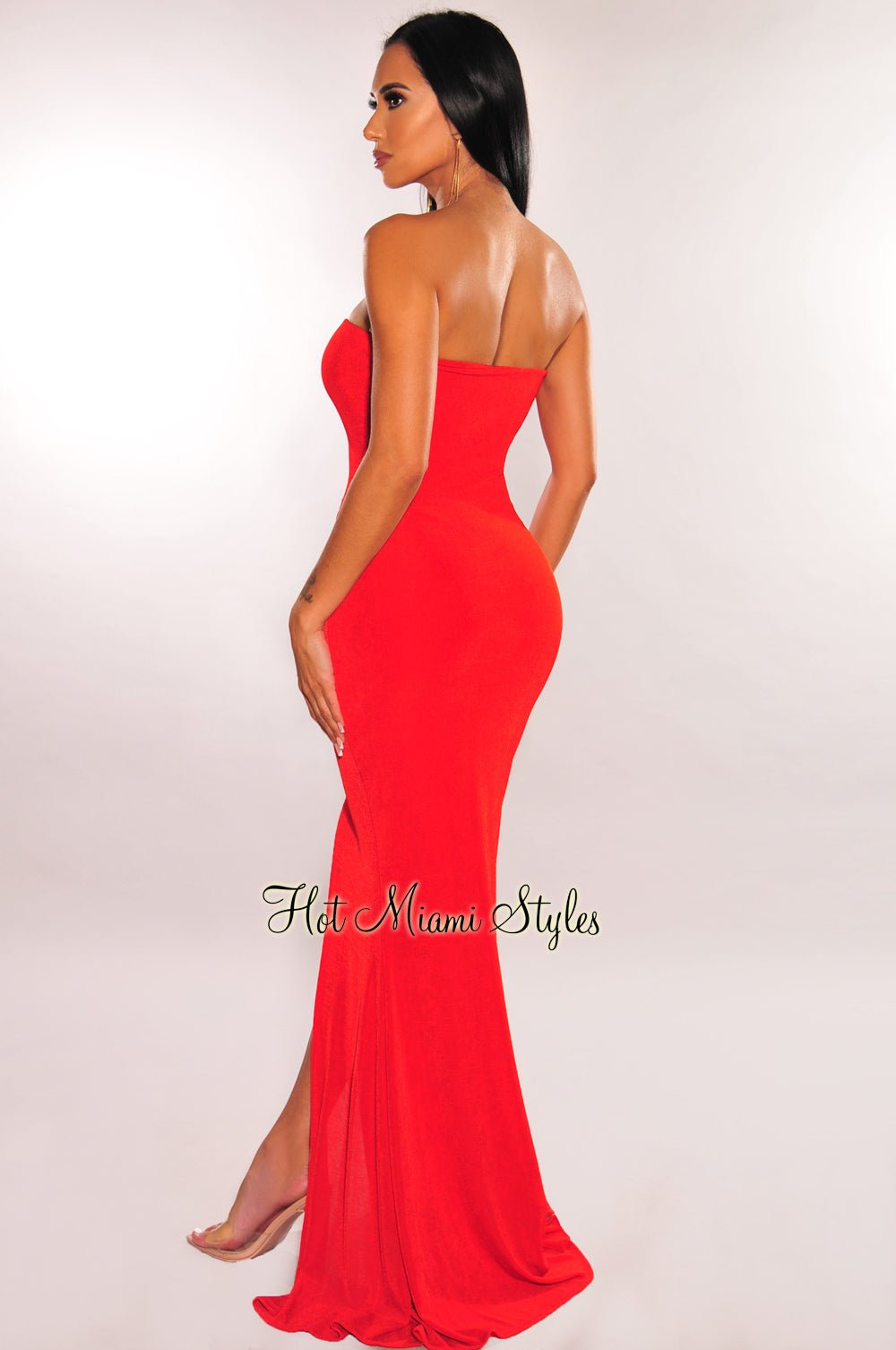 Red Strapless Gold Chain Lace Up Slit Gown