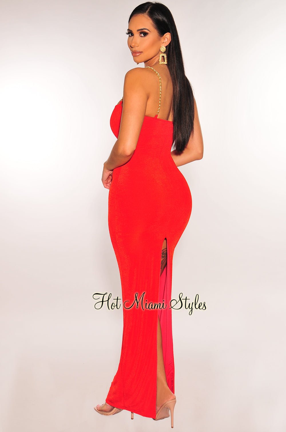 Red Shimmery Gold Chain Straps V Wired Back Slit Dress