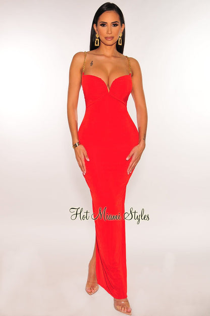 Red Shimmery Gold Chain Straps V Wired Back Slit Dress