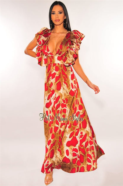 Red Snake Print Plunge V Neck Ruffle Sleeve Maxi Dress