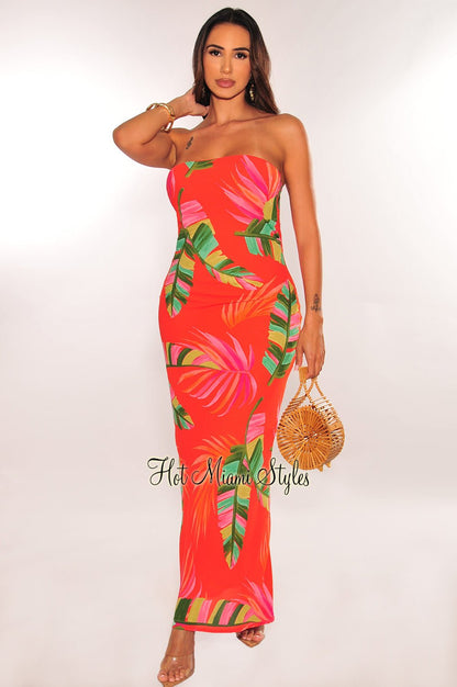 Red Tropical Palm Print Strapless Cut Out Back Maxi Dress