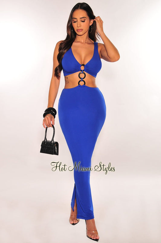 Royal Blue Black O-Ring Sleeveless Cut Out Double Slit Dress