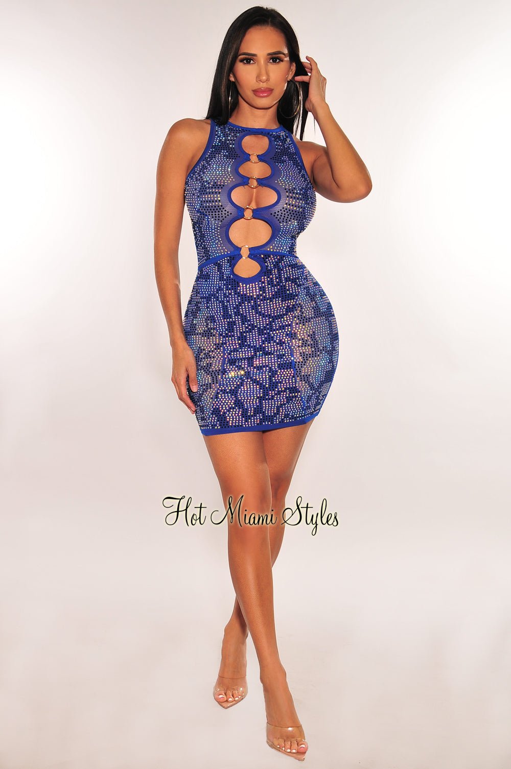 Royal Blue Rhinestone Mesh O Ring Cut Out Sleeveless Dress