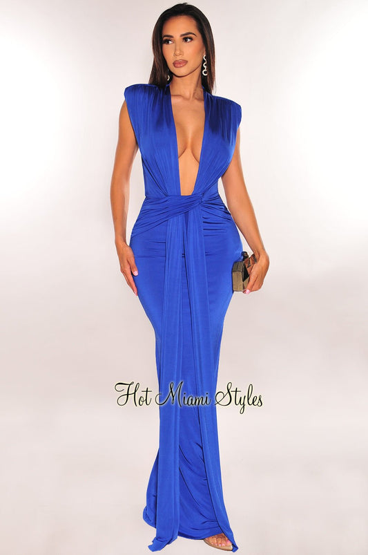 Royal Blue Silky Plunge Padded Shoulder Draped Maxi Dress