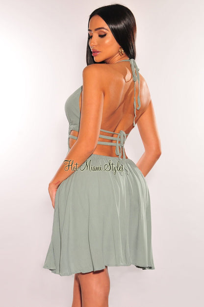 Sage Halter V Neck Strappy Back Babydoll Dress