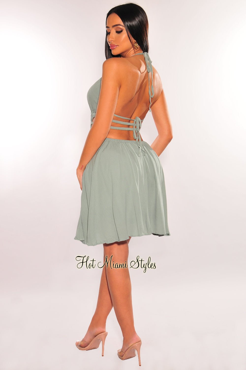 Sage Halter V Neck Strappy Back Babydoll Dress