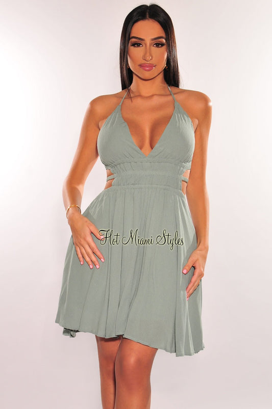 Sage Halter V Neck Strappy Back Babydoll Dress