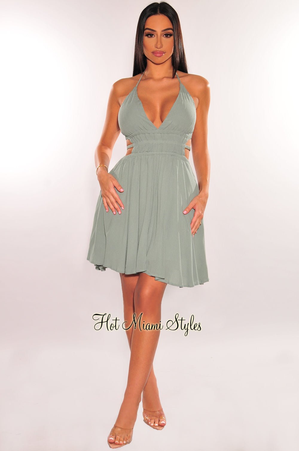 Sage Halter V Neck Strappy Back Babydoll Dress