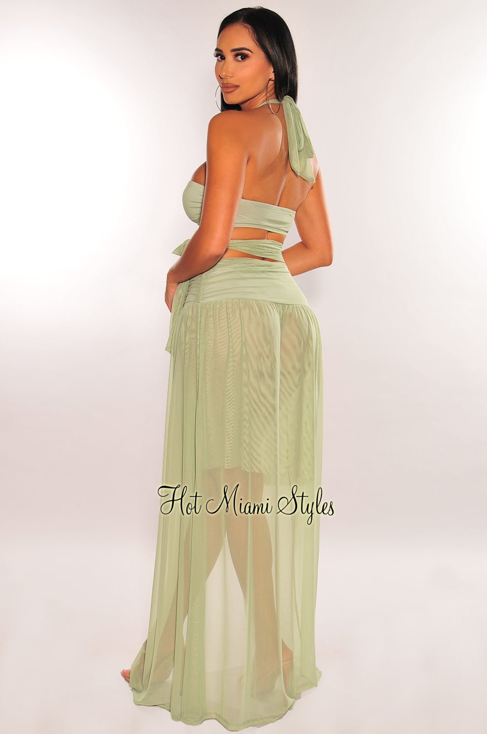 Sage Mesh Halter Cut Out Tie Up Slit Maxi Dress