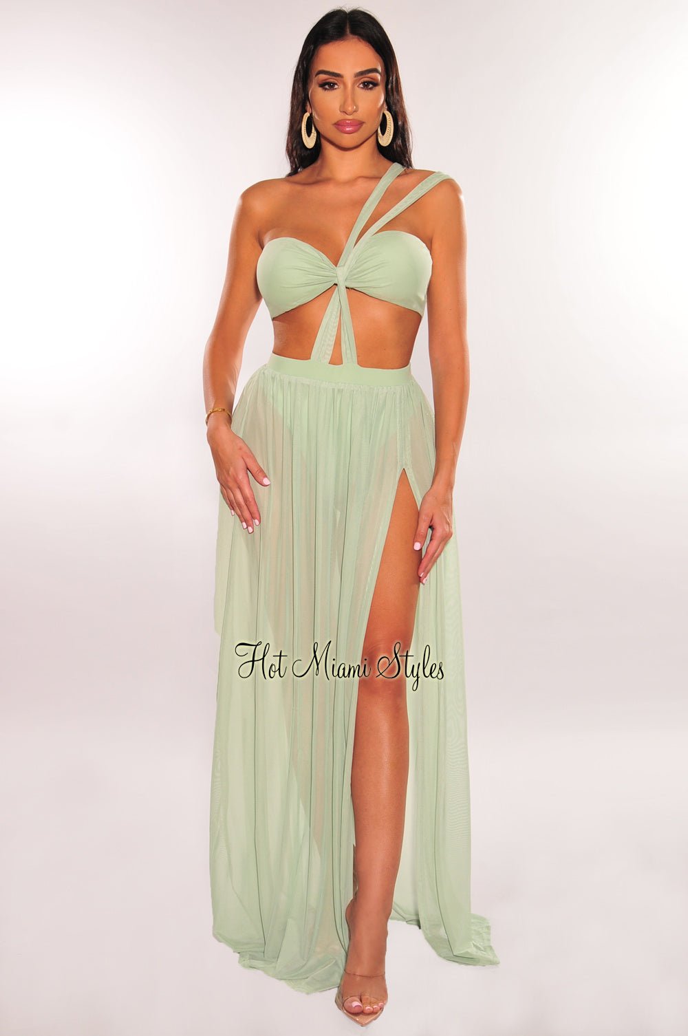 Sage One Shoulder Cut Out Strappy Slit Maxi Dress