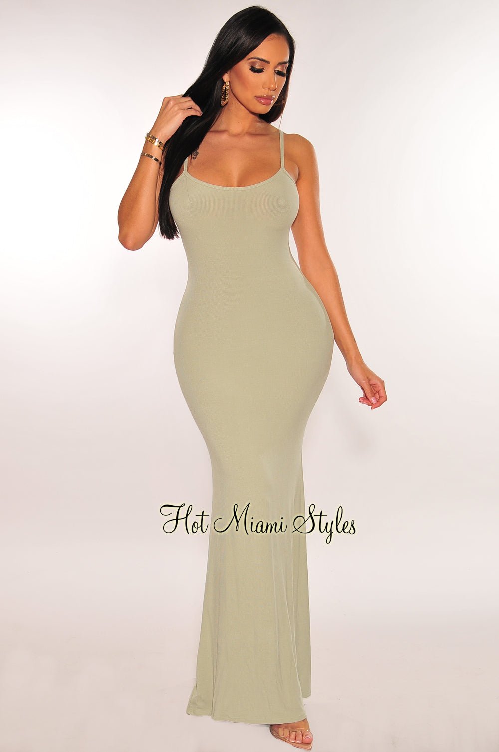 Sage Ribbed Spaghetti Strap Mermaid Dress