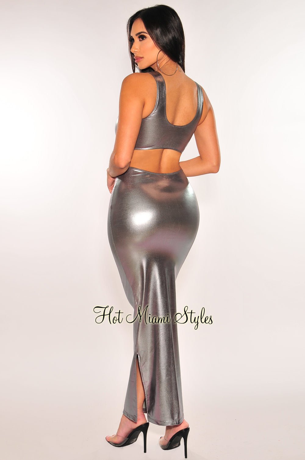 Silver Chrome O-Ring Sleeveless Cut Out Double Slit Dress