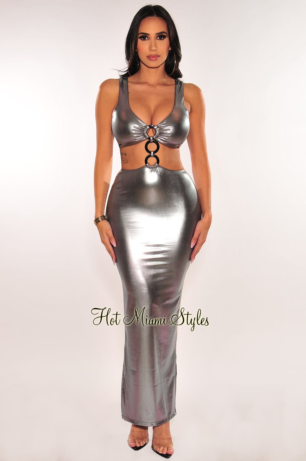 Silver Chrome O-Ring Sleeveless Cut Out Double Slit Dress