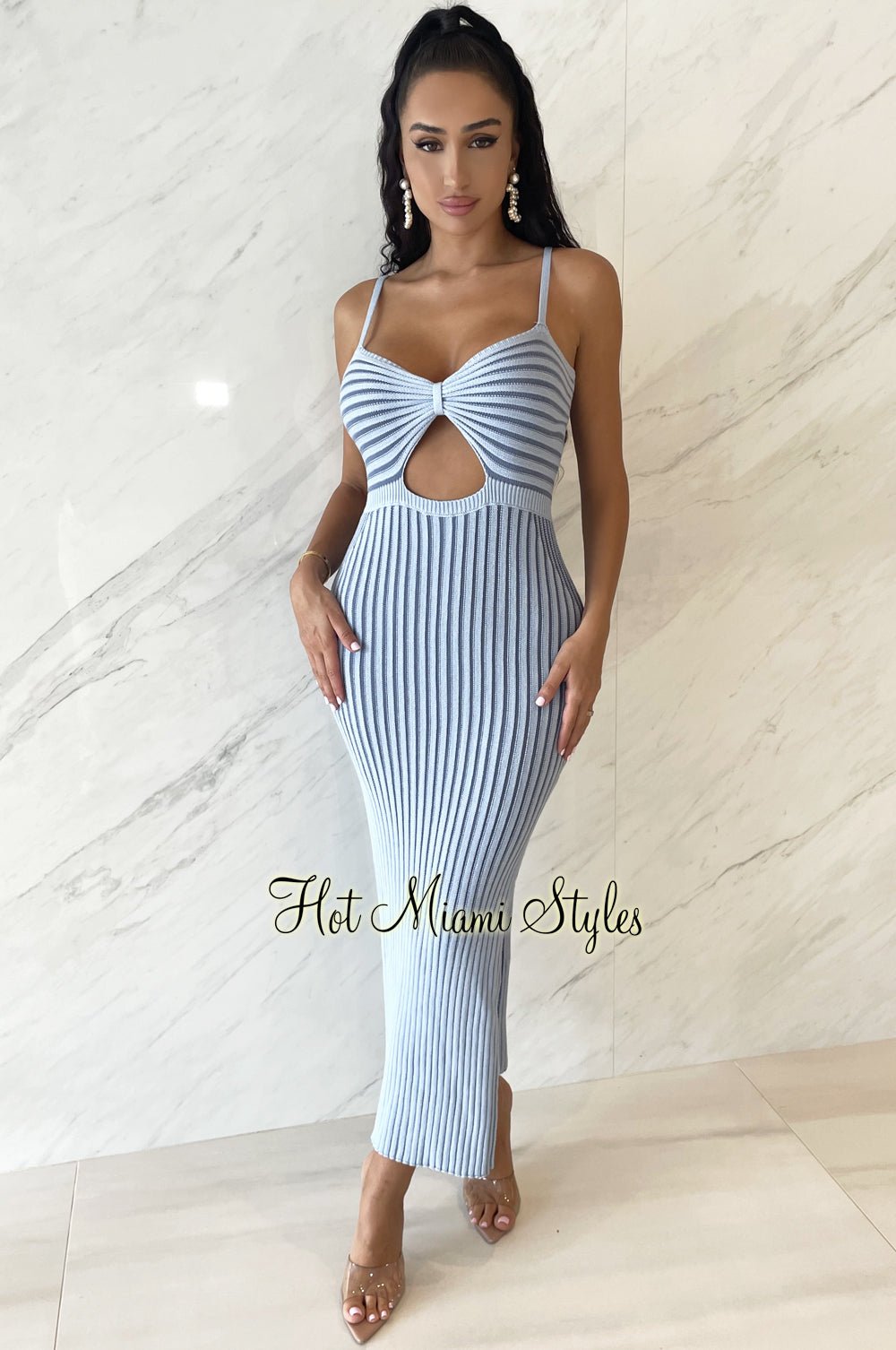 Sky Blue Ribbed Knit Spaghetti Strap Knotted Cut Out Double Slit Dress