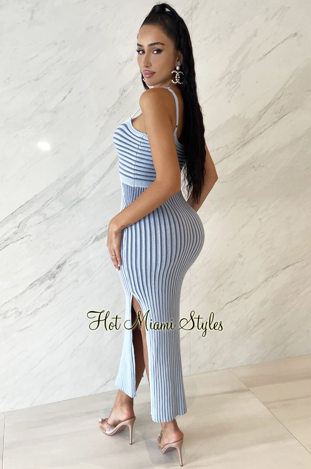 Sky Blue Ribbed Knit Spaghetti Strap Knotted Cut Out Double Slit Dress