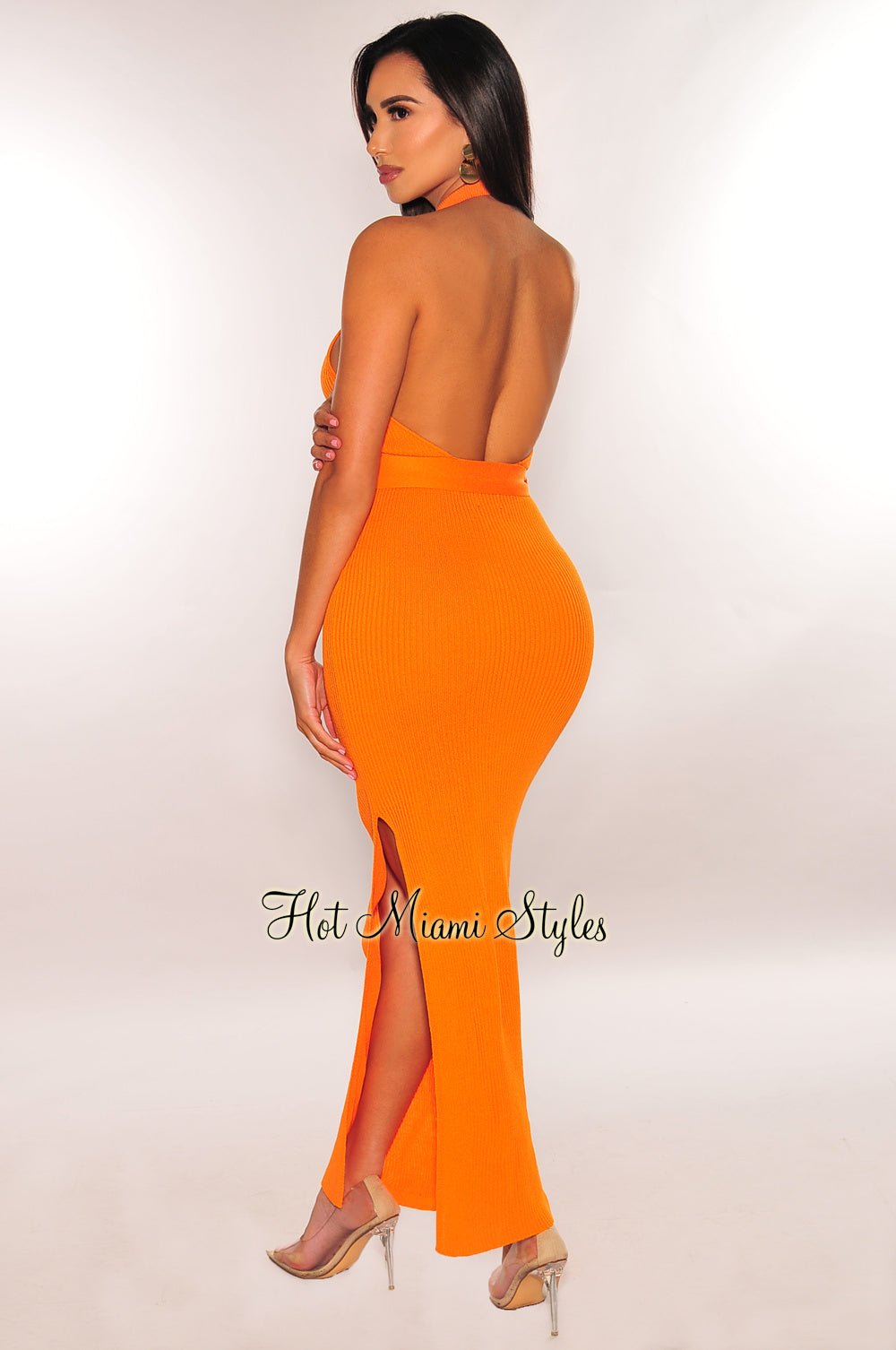 Tangerine Collared Ribbed Knit Cut Out Belted Dress