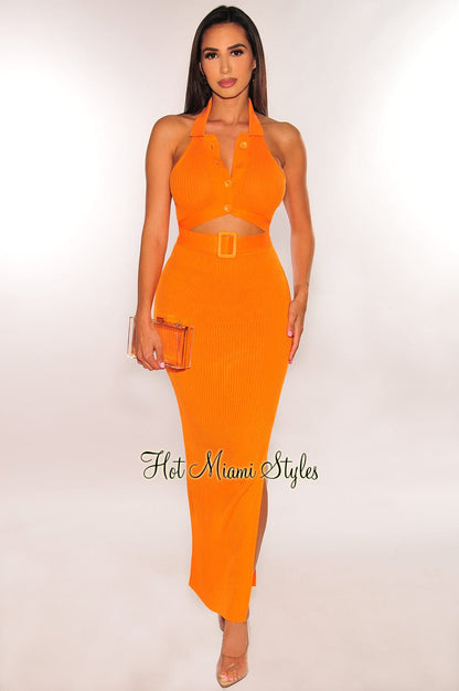 Tangerine Collared Ribbed Knit Cut Out Belted Dress