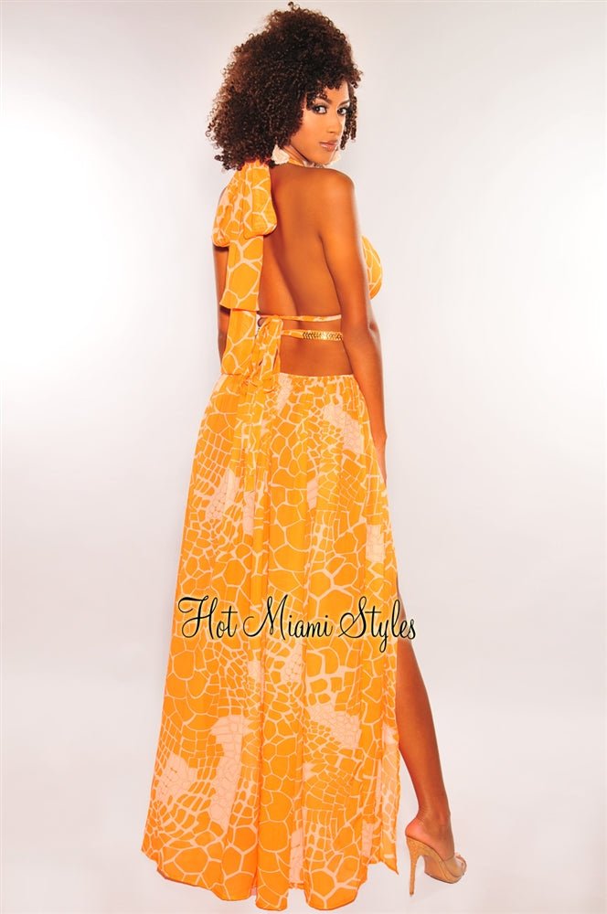 Tangerine Print O-Ring Cut Out Gold Belted Double Slit Maxi Dress