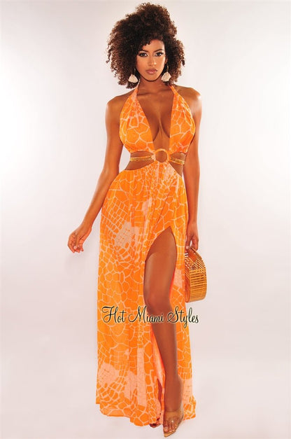 Tangerine Print O-Ring Cut Out Gold Belted Double Slit Maxi Dress