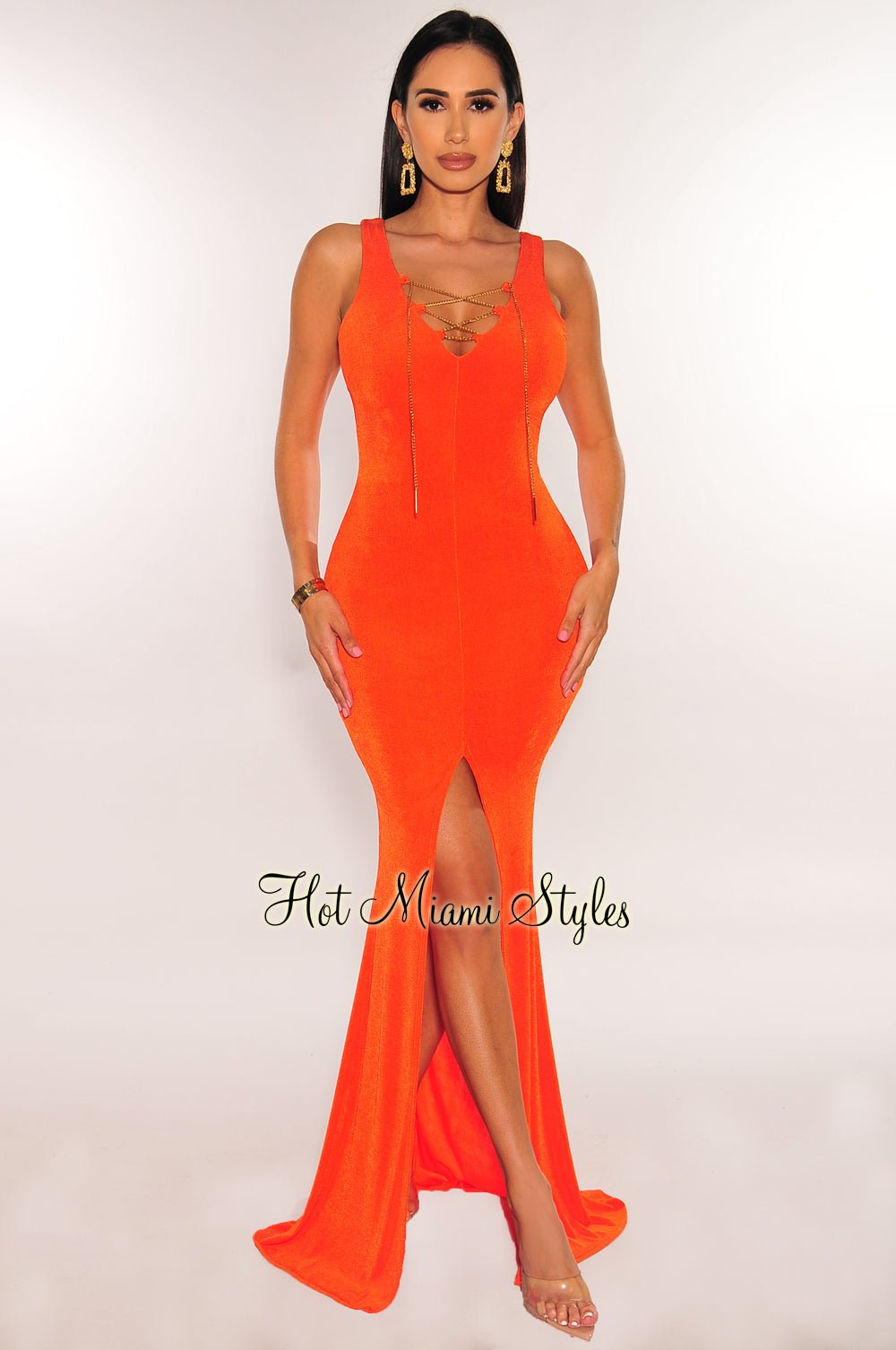 Tangerine Sleeveless Gold Chain Lace Up Slit Gown