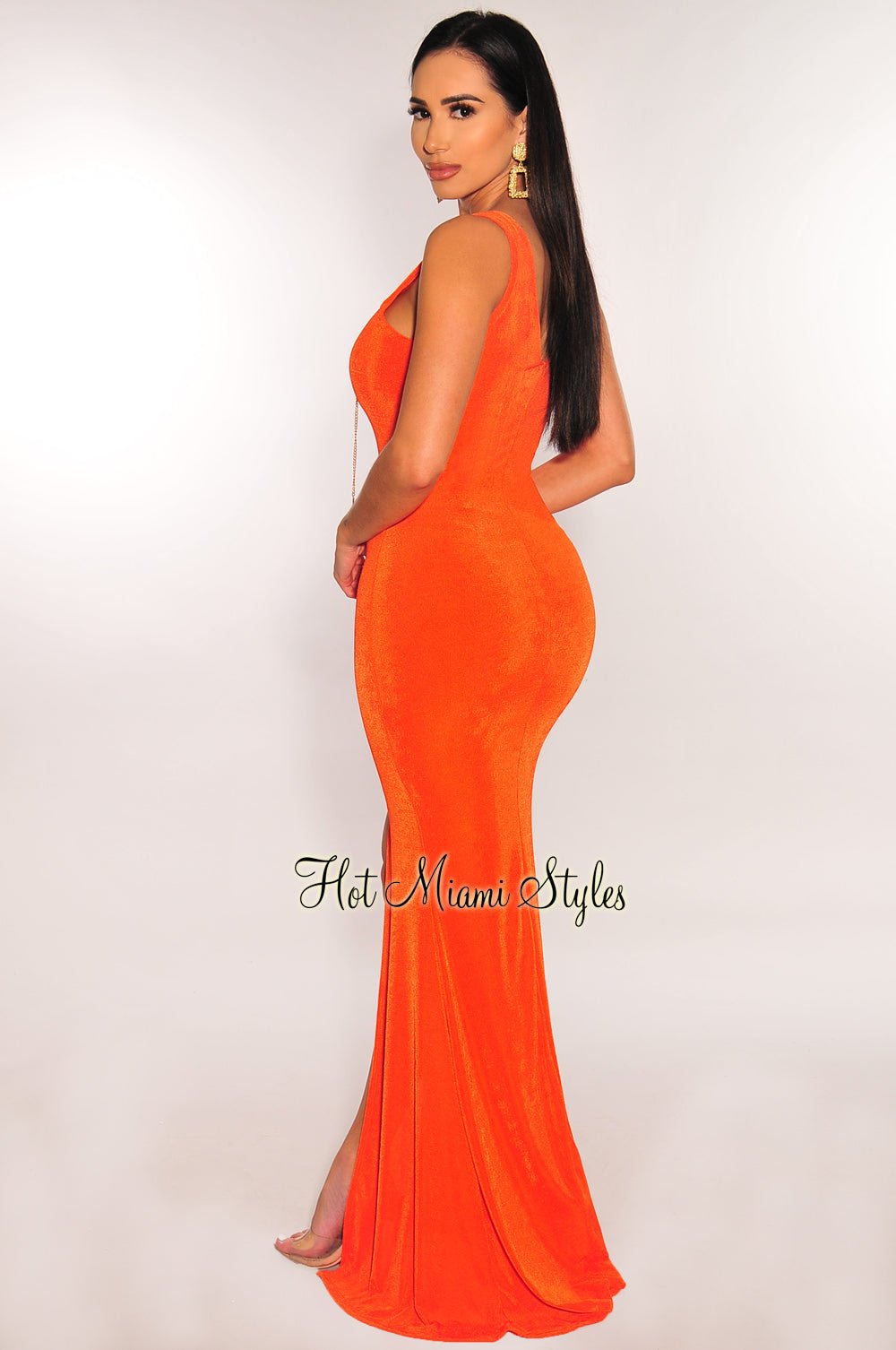 Tangerine Sleeveless Gold Chain Lace Up Slit Gown