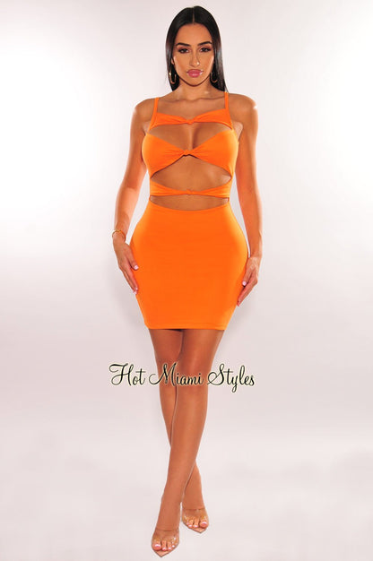 Tangerine Spaghetti Straps Knotted Cut Out Mini Dress