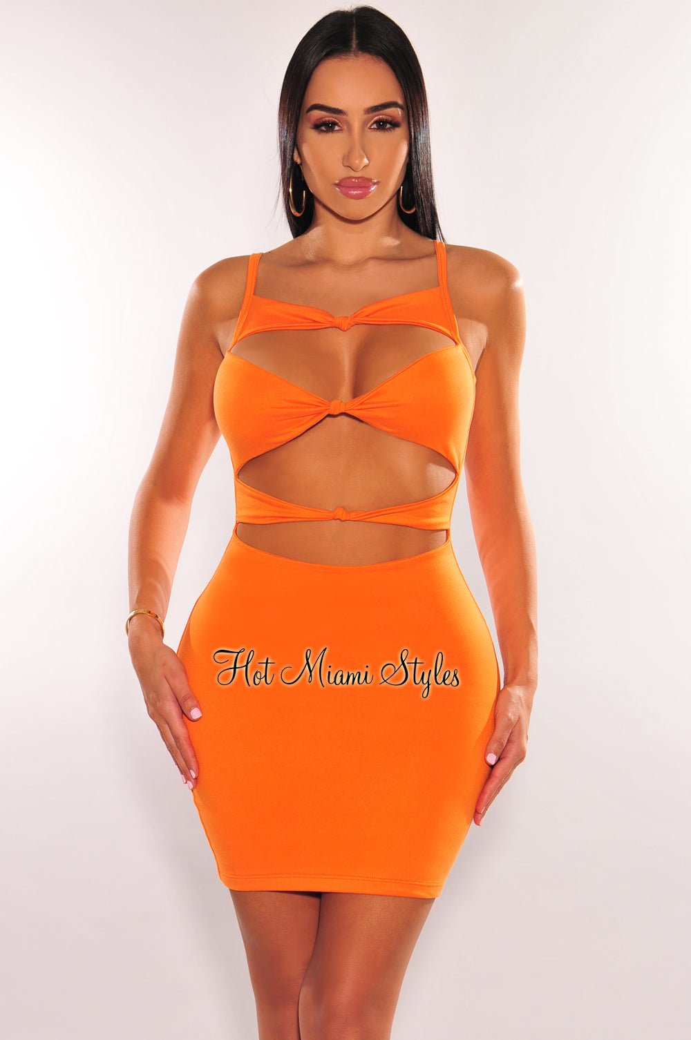 Tangerine Spaghetti Straps Knotted Cut Out Mini Dress