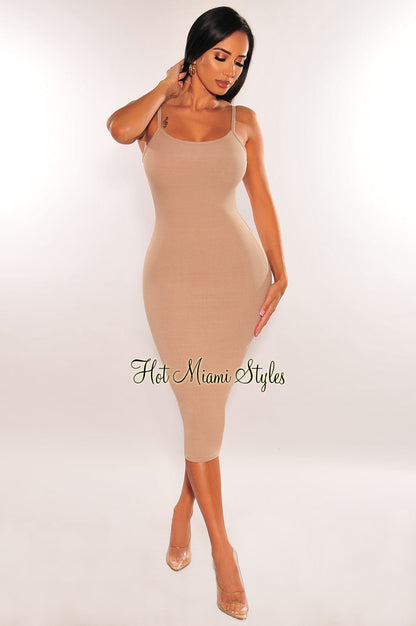 Taupe Ribbed Knit Spaghetti Straps Scoop Back Midi Dress