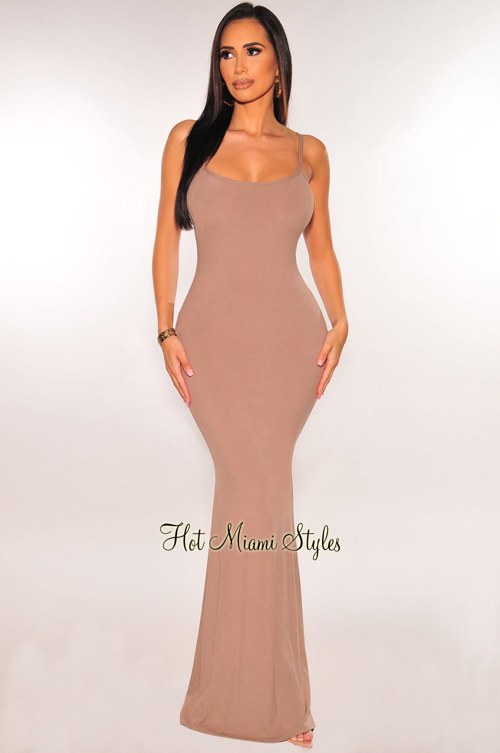 Taupe Ribbed Spaghetti Strap Mermaid Dress