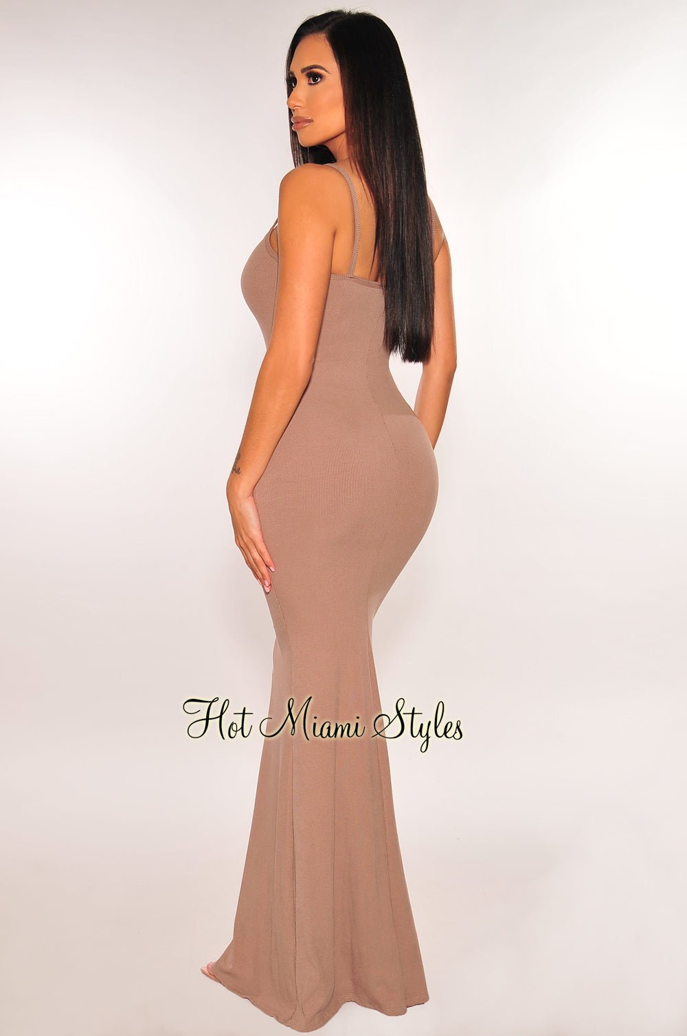 Taupe Ribbed Spaghetti Strap Mermaid Dress