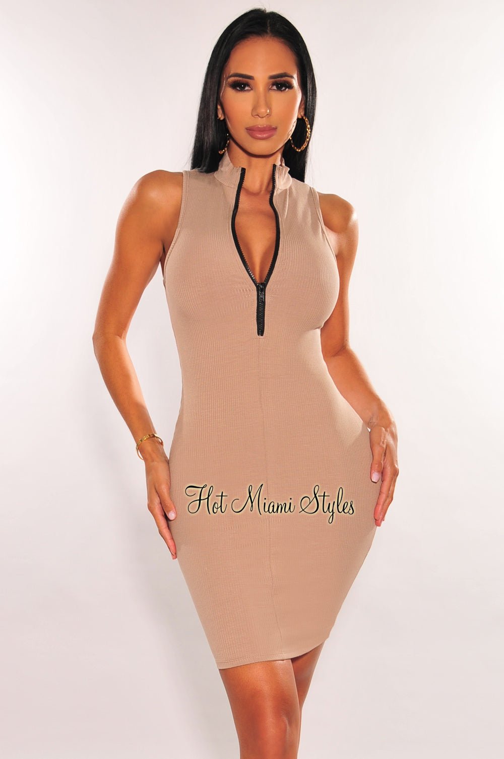 Taupe Ribbed Zipper Sleeveless Bodycon Dress