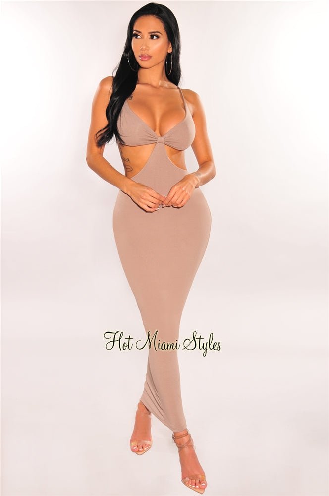 Taupe Spaghetti Straps Knotted Cut Out Maxi Dress