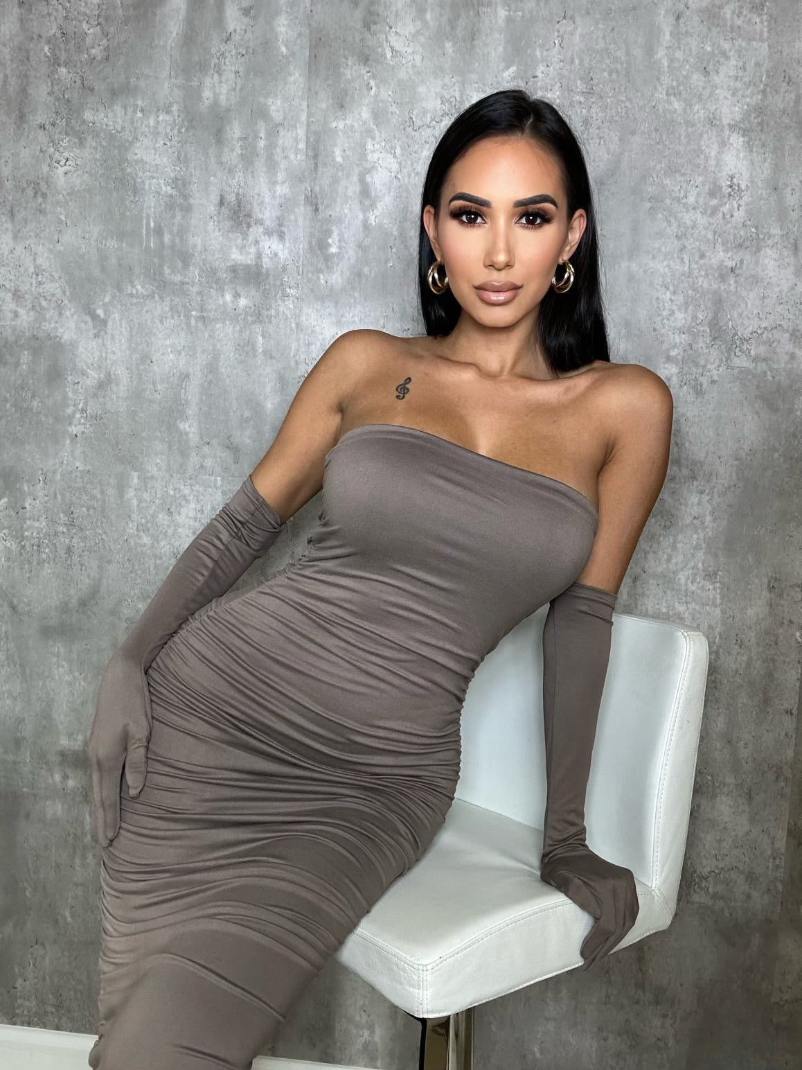 Taupe Strapless Scrunch Butt Midi Dress + Gloves