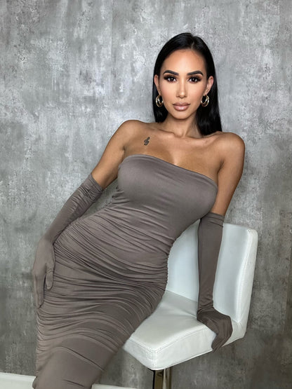 Taupe Strapless Scrunch Butt Midi Dress + Gloves