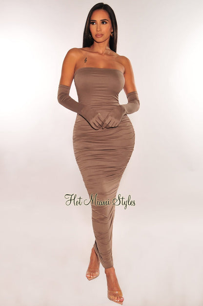 Taupe Strapless Scrunch Butt Midi Dress + Gloves