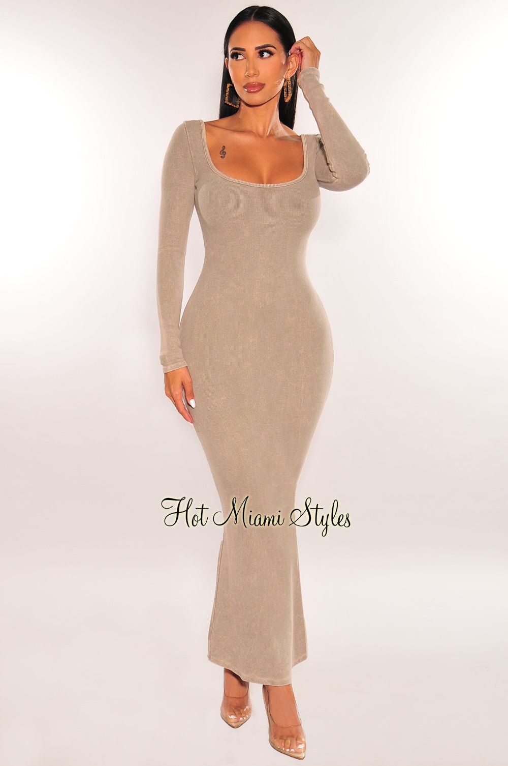 Taupe Vintage Wash Ribbed Long Sleeve Mermaid Dress