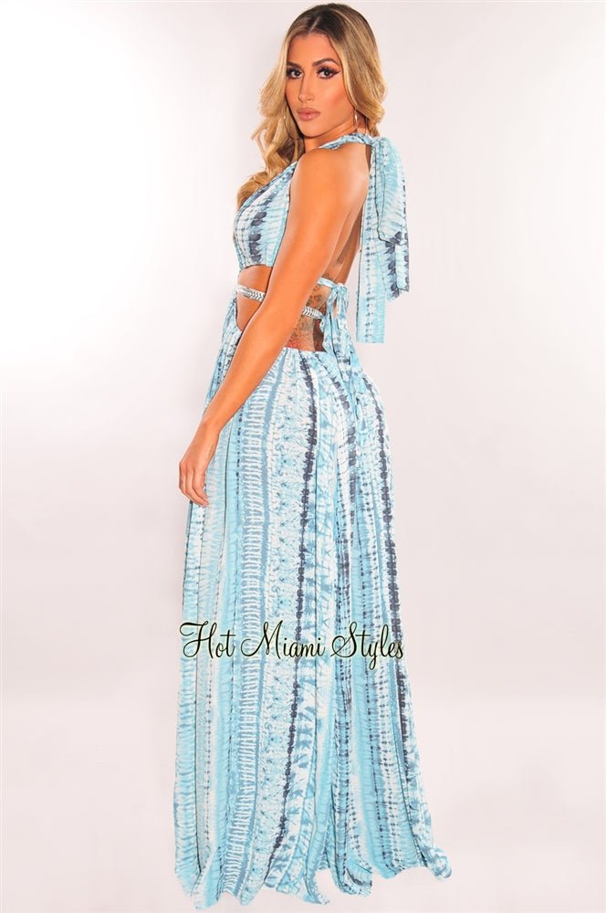 Teal Tie Dye O-Ring Cut Out Silver Belted Double Slit Maxi Dress