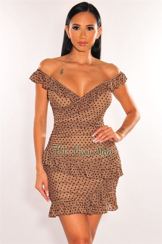 Toffee Mesh Nude Illusion Polka Dot Off Shoulder Ruffle Dress