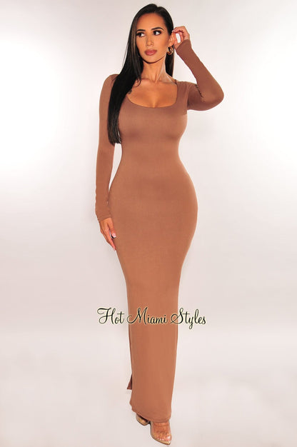 Toffee Round Neck Long Sleeve Maxi Dress