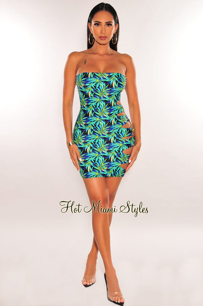 Tropical Print Gold Ring Strapless Cut Out Mini Dress