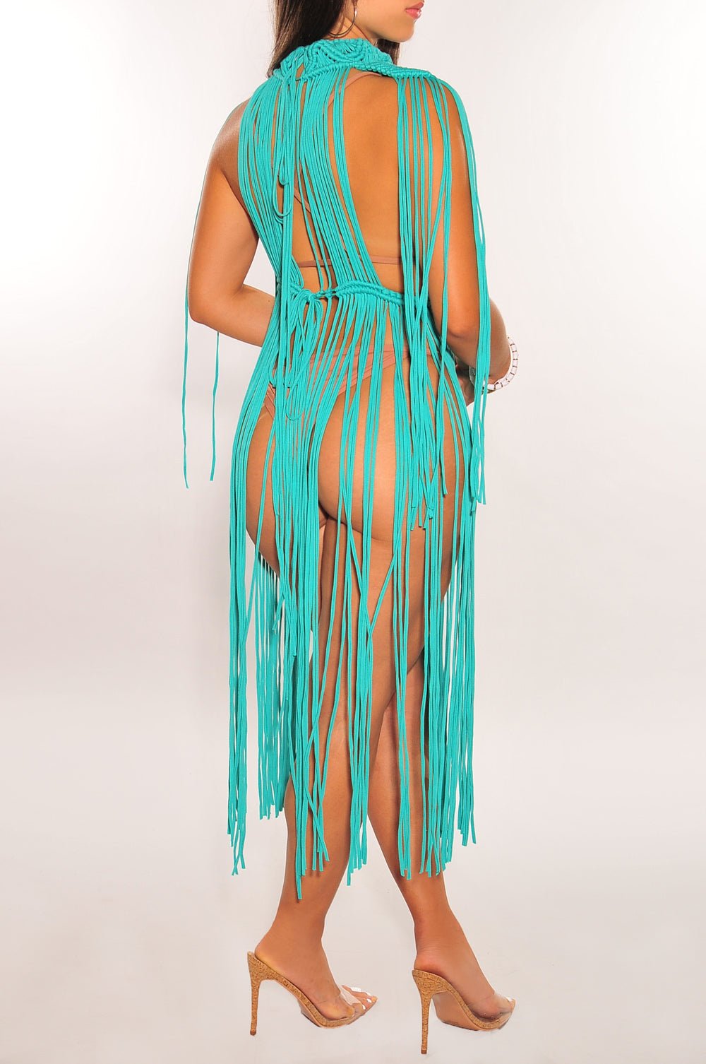 Turquoise Crochet Cape Sleeves Fringe Cover Up Dress