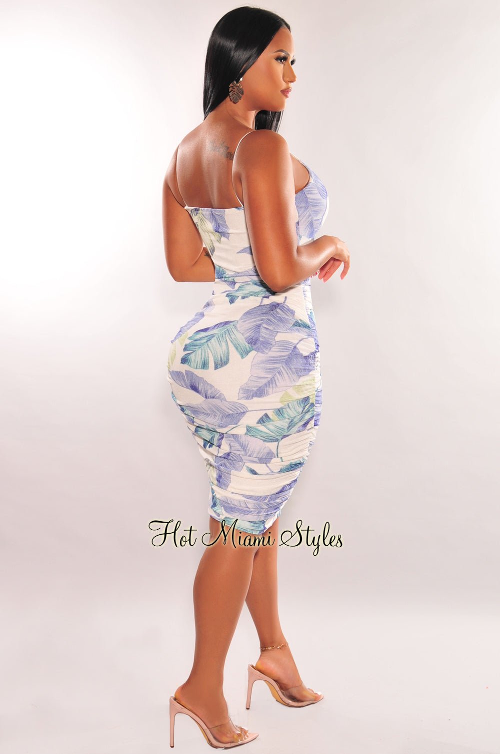 White Blue Green Floral Print Elastic Straps Ruched Dress