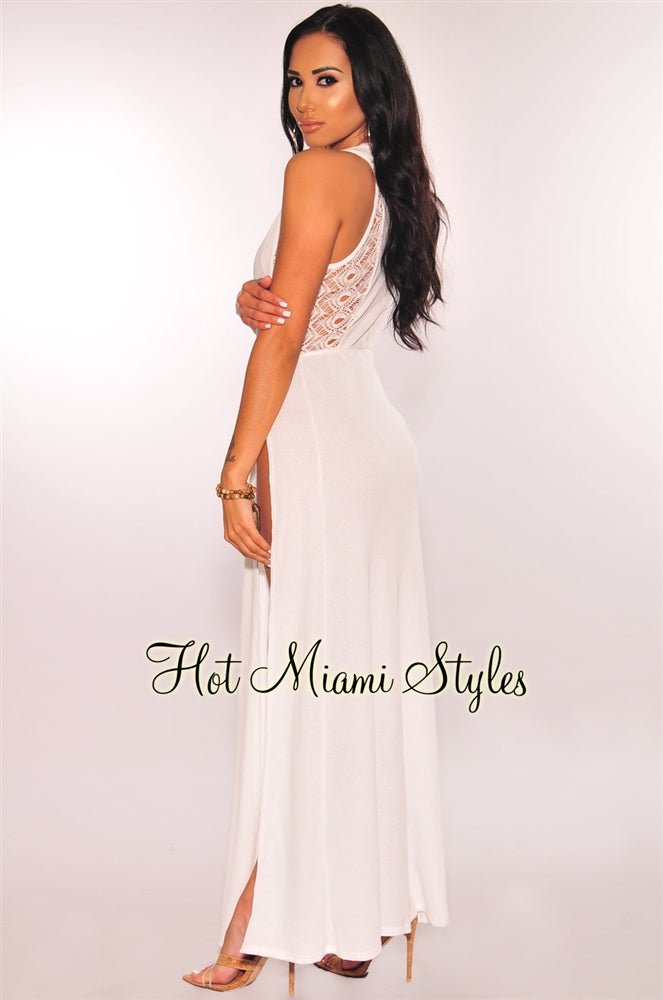 White Crochet Double Slit Cover Up Maxi Dress