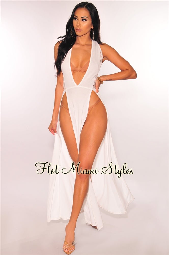 White Crochet Double Slit Cover Up Maxi Dress